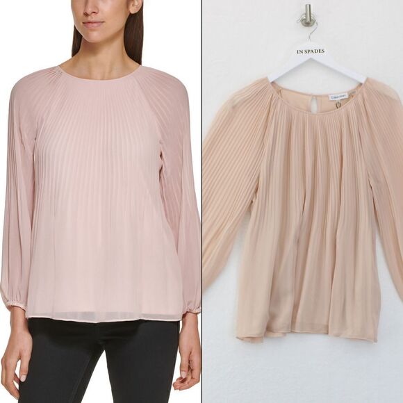 Calvin Klein Long Sleeve Pleated Chiffon Bl Blush L - Picture 1 of 3
